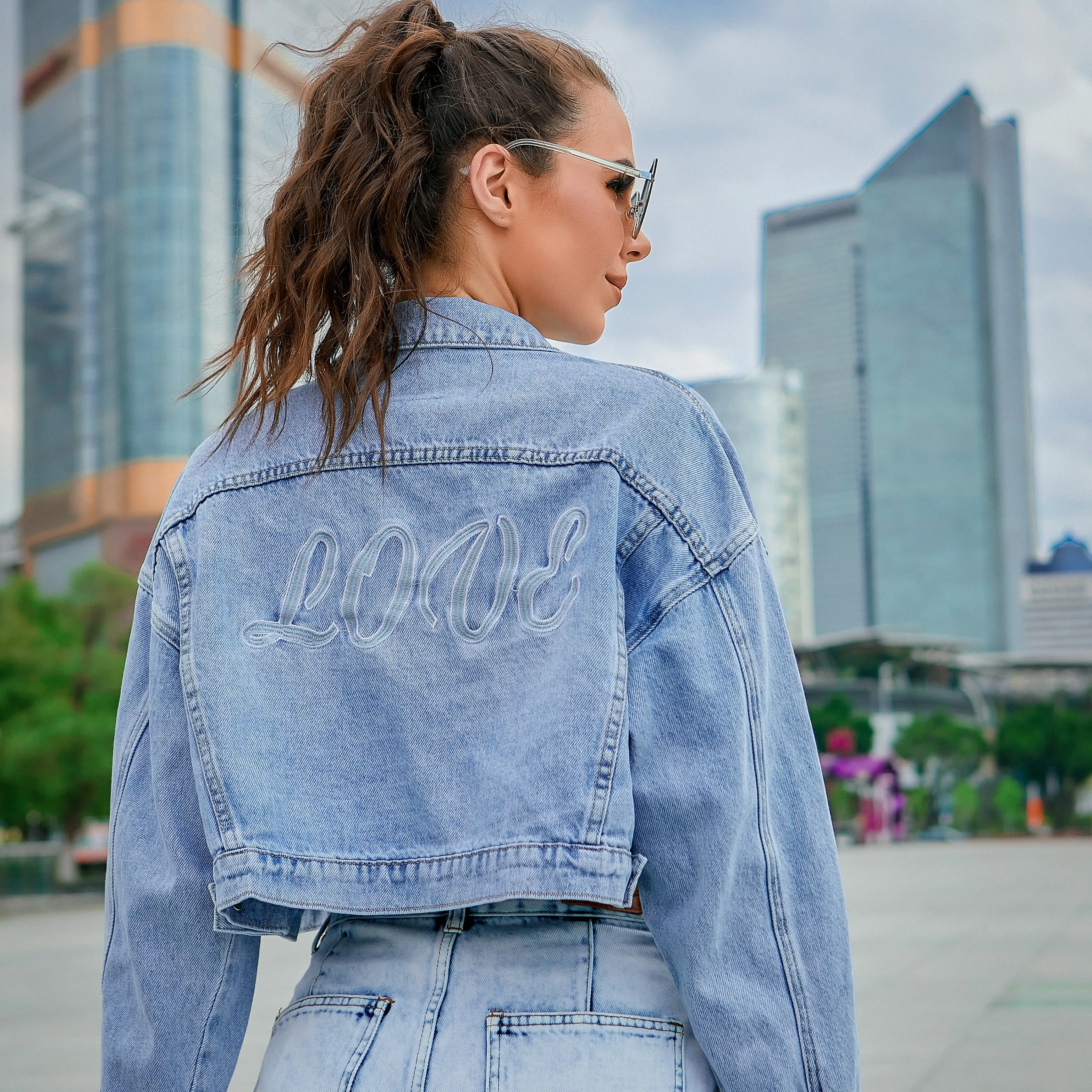 Long Jeans Jacket Women Short Denim Jacket Embroidery Oversized Denim