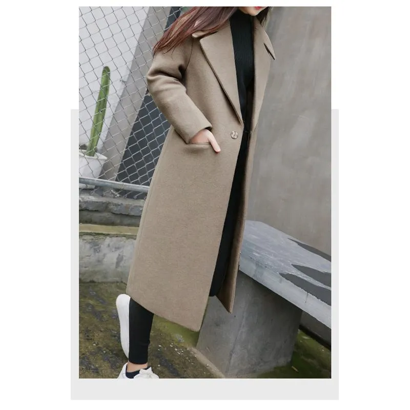 Loose Fit Knee-Length Solid Color Lapel Overcoat