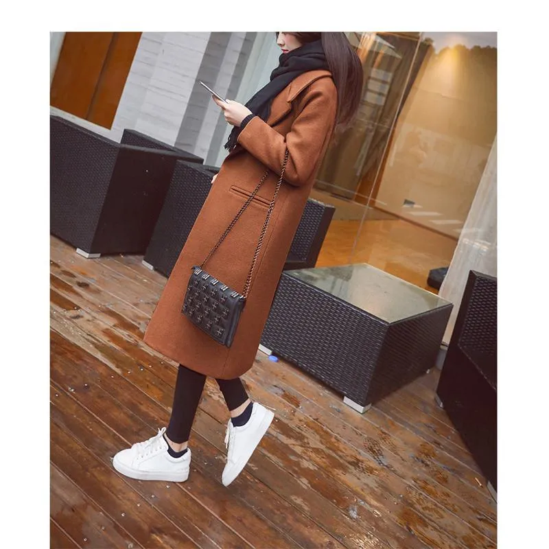 Loose Fit Knee-Length Solid Color Lapel Overcoat