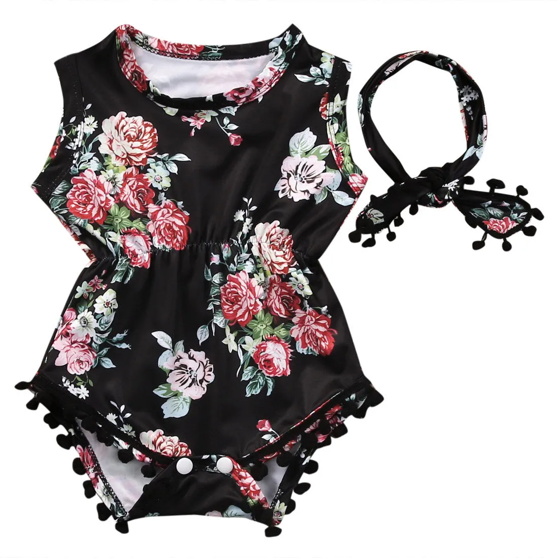 Lovely Baby Girl Romper Clothes 2017 Summer Floral Tassel Bodysuit Jumpsuit  Headband 2PCS Outfit Sunsuit Tracksuit Clothing Set