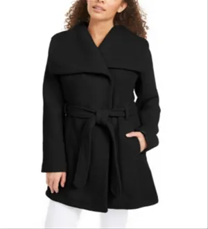 Madden Girl Junior's Asymmetrical Belted Wrap Coat Black Size Small