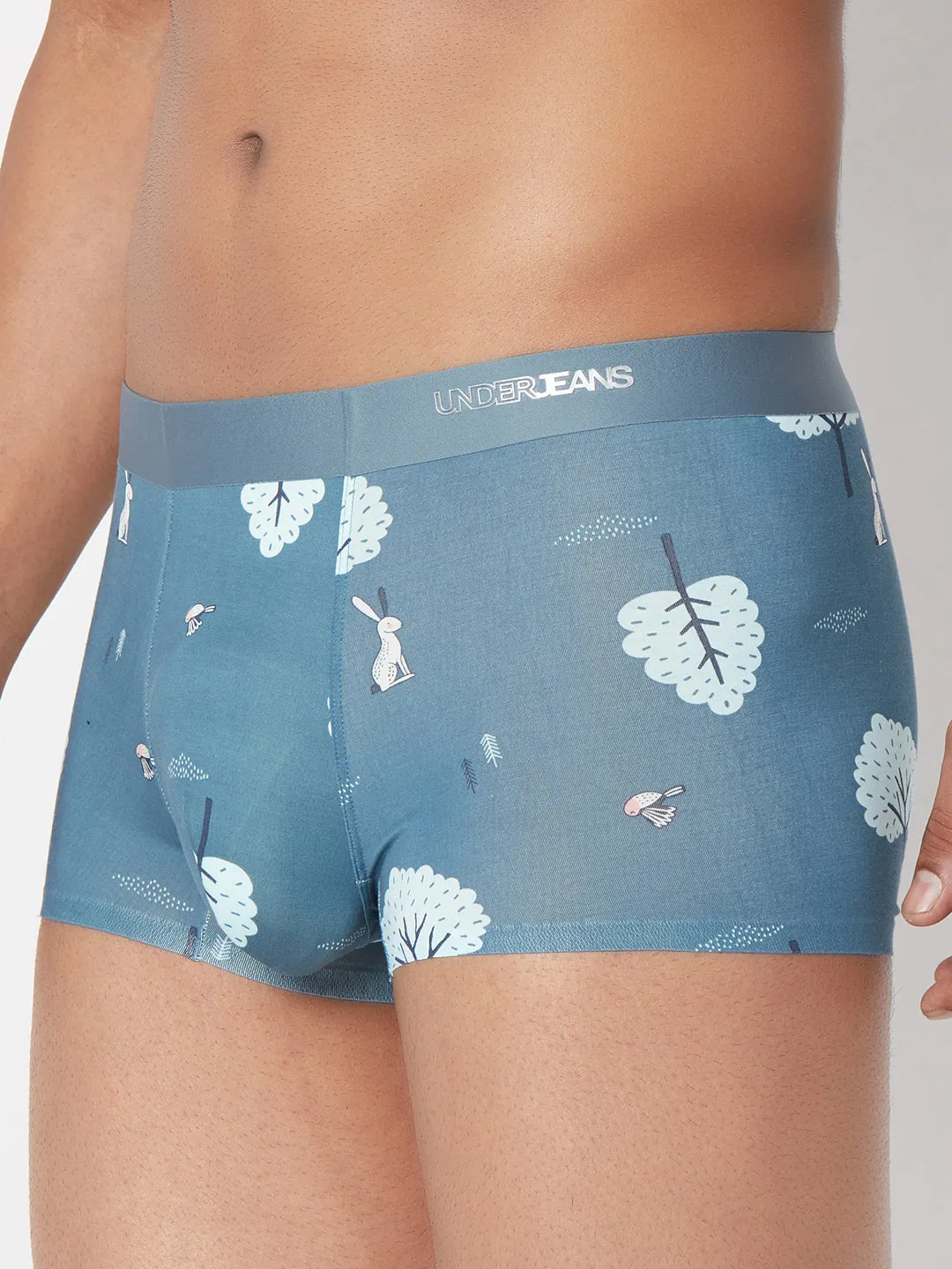 Men Blue Printed Super Premium Bonded Elastic Trunk - Underjeans By Spykar