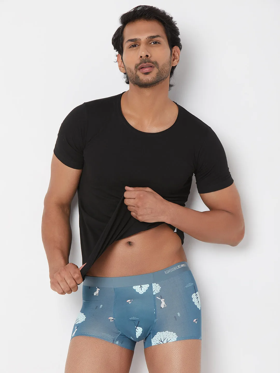 Men Blue Printed Super Premium Bonded Elastic Trunk - Underjeans By Spykar