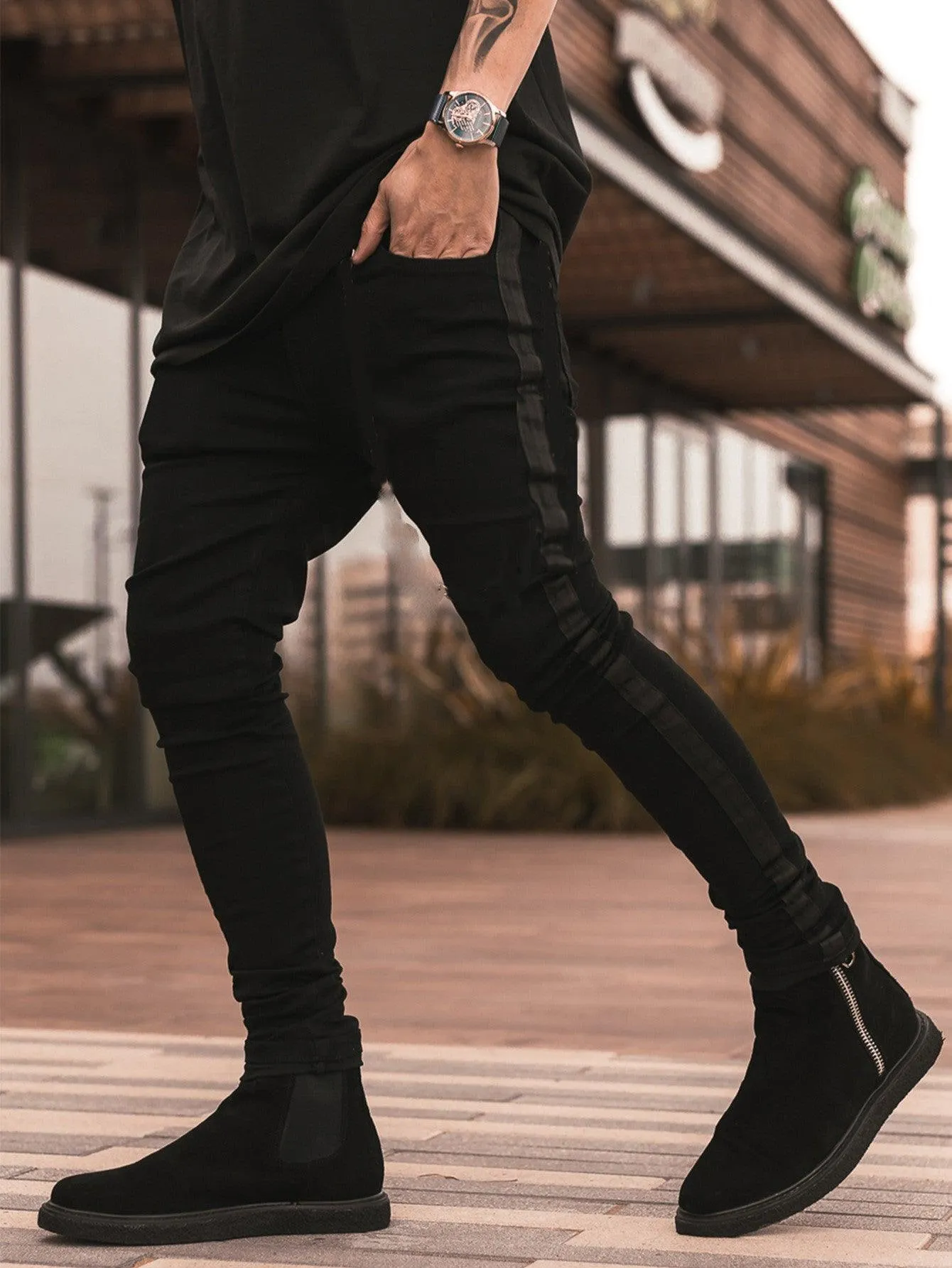 Men Fashion Mid Waist Jet Black Skinny Jeans