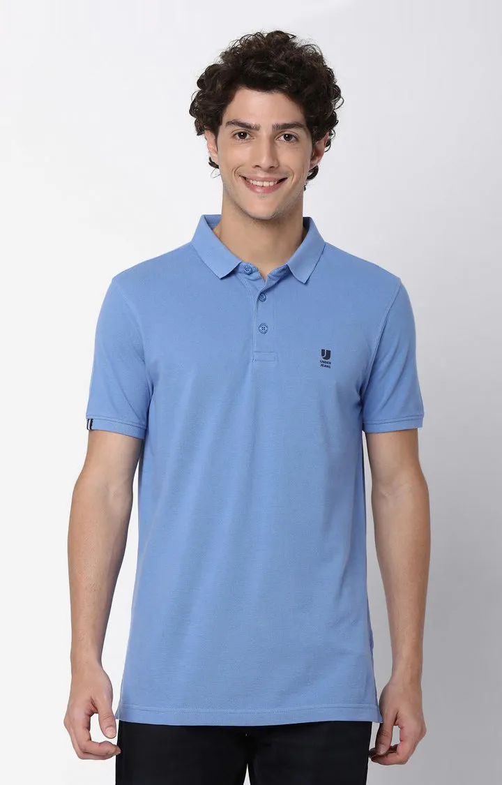 Men Premium Blue Cotton Polo T-Shirts - Underjeans By Spykar