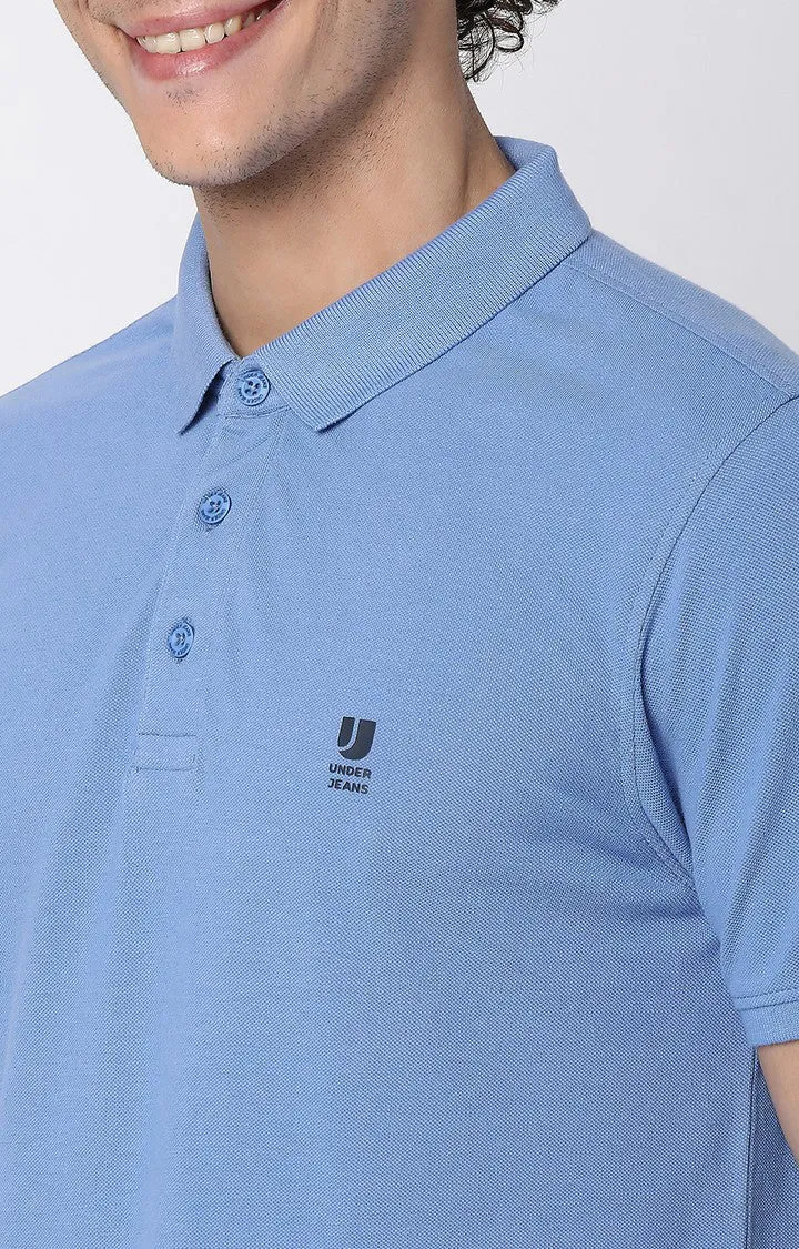 Men Premium Blue Cotton Polo T-Shirts - Underjeans By Spykar