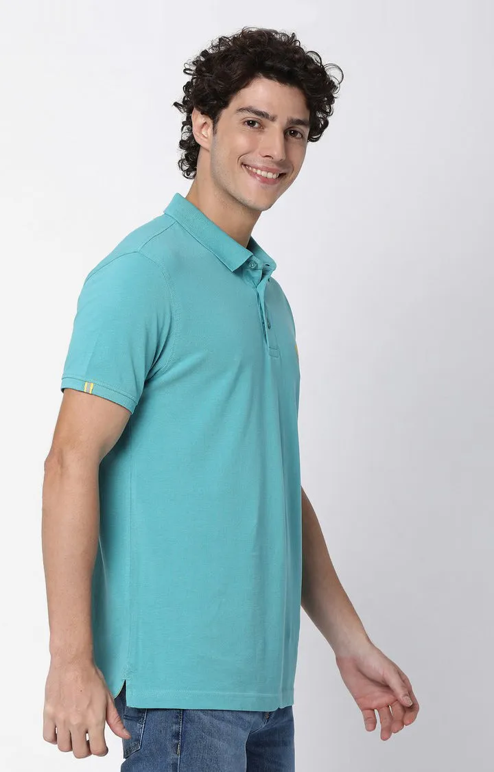 Men Premium Petrol Blue Cotton Polo T-Shirts - Underjeans By Spykar