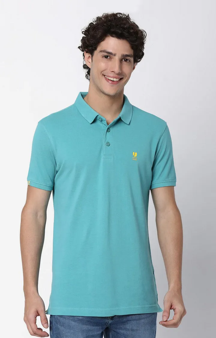 Men Premium Petrol Blue Cotton Polo T-Shirts - Underjeans By Spykar