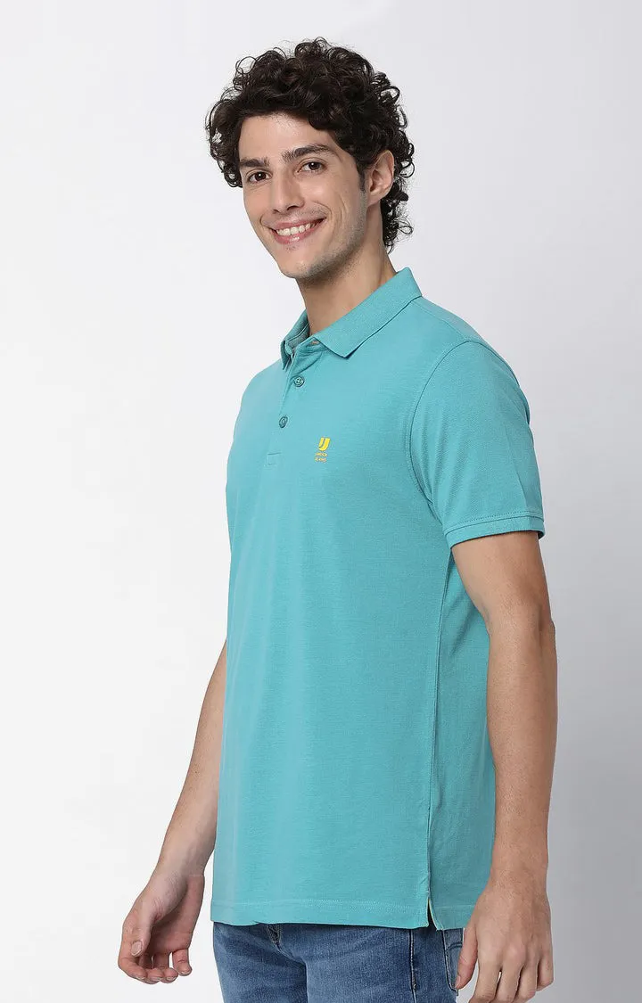 Men Premium Petrol Blue Cotton Polo T-Shirts - Underjeans By Spykar