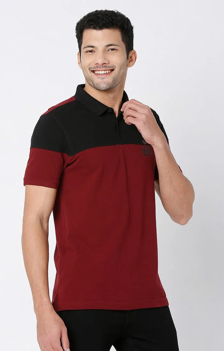 Men Premium Wine & Black Cotton Regular Fit Polo T-Shirt - Underjeans By Spykar