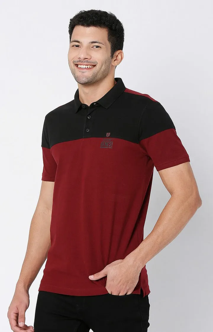 Men Premium Wine & Black Cotton Regular Fit Polo T-Shirt - Underjeans By Spykar