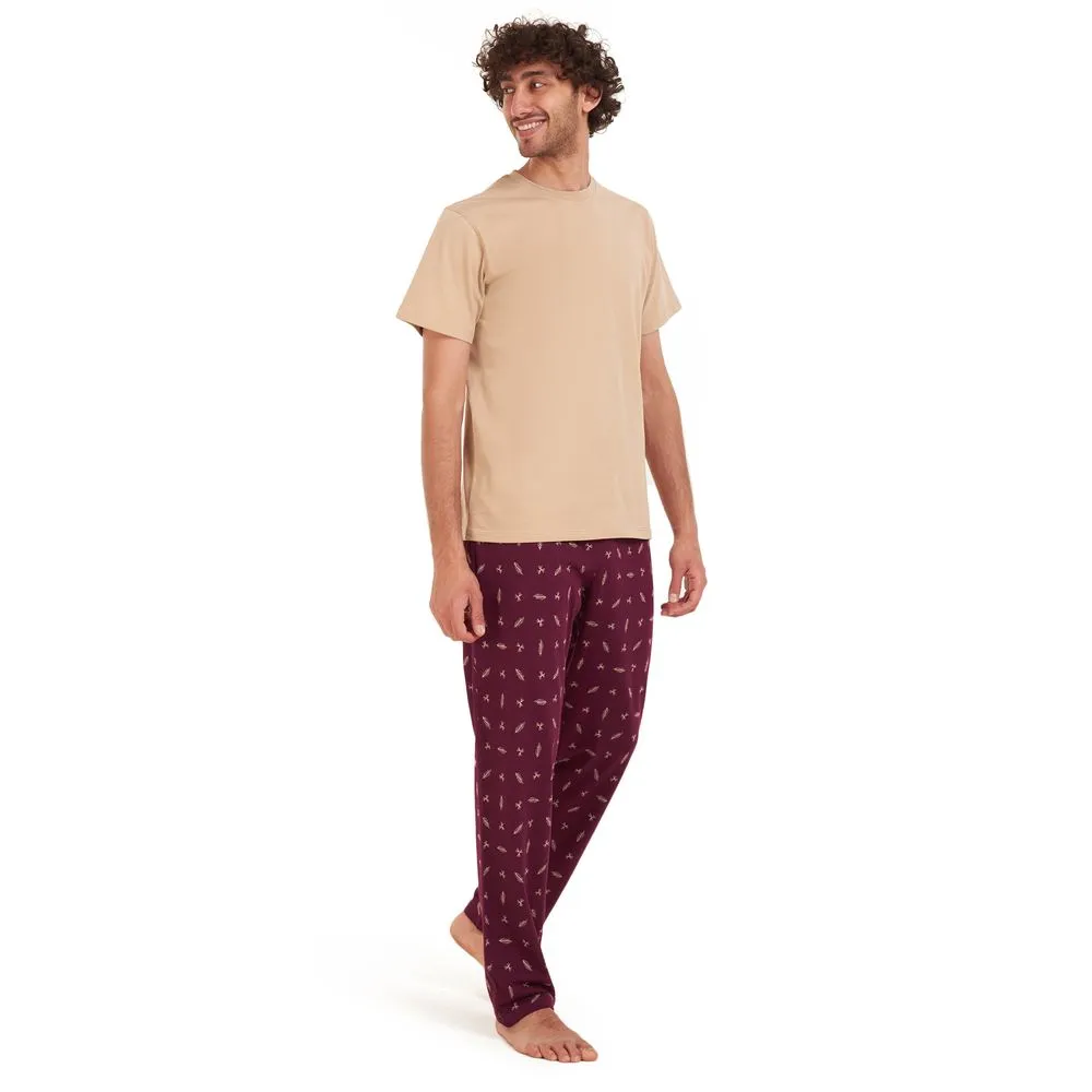 Men summer pajama set Beige t-shirt  Maroon leaves Pants