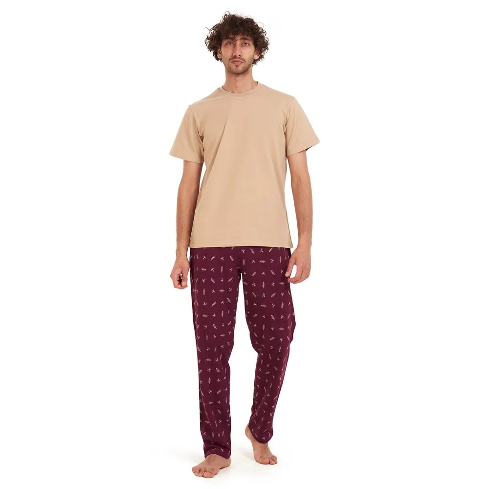 Men summer pajama set Beige t-shirt  Maroon leaves Pants