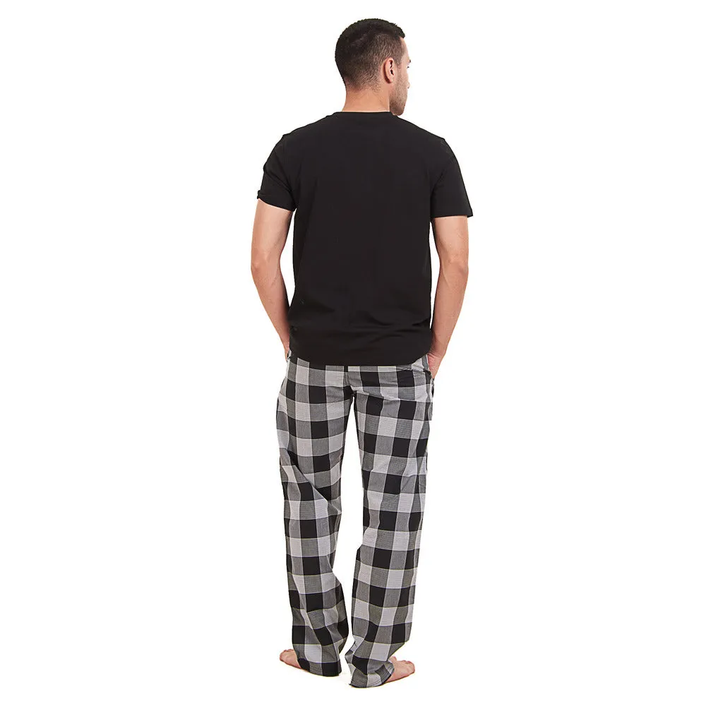 Men summer pajama set Black T-shirt  Black x White Checkered Pants