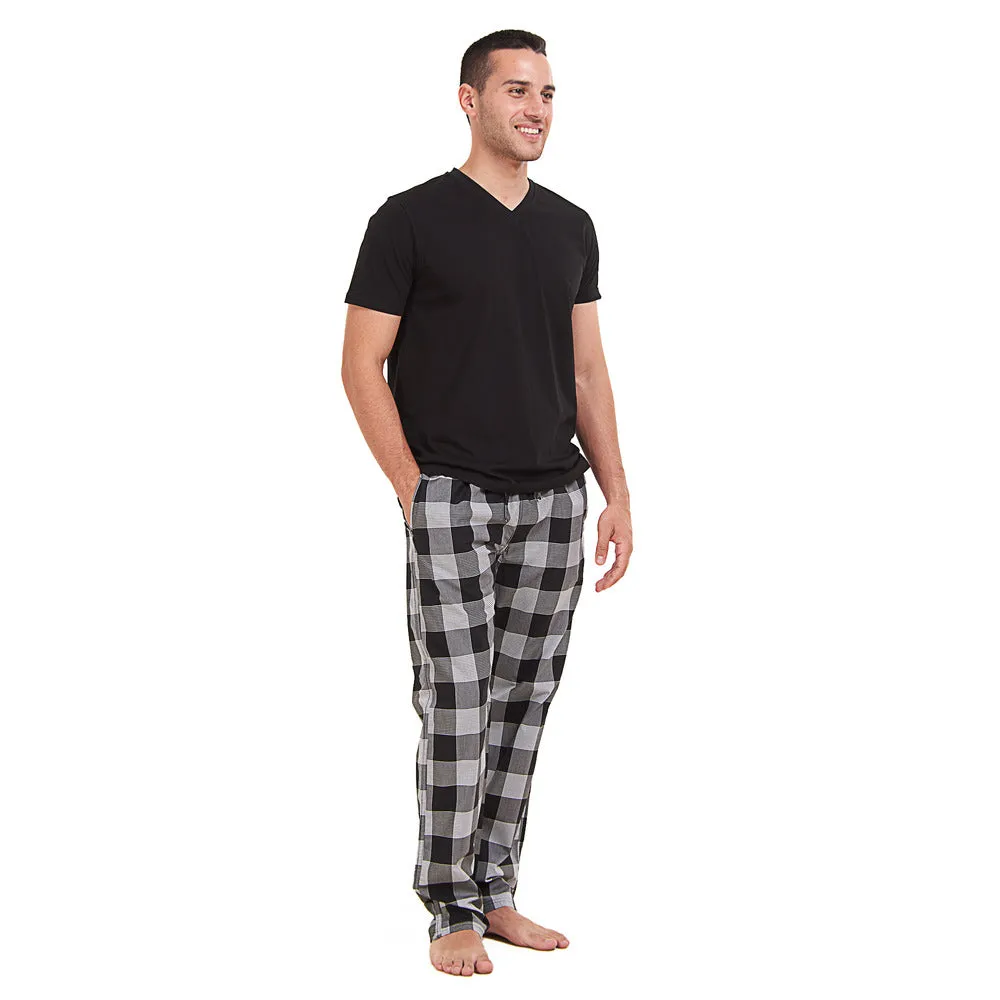 Men summer pajama set Black T-shirt  Black x White Checkered Pants