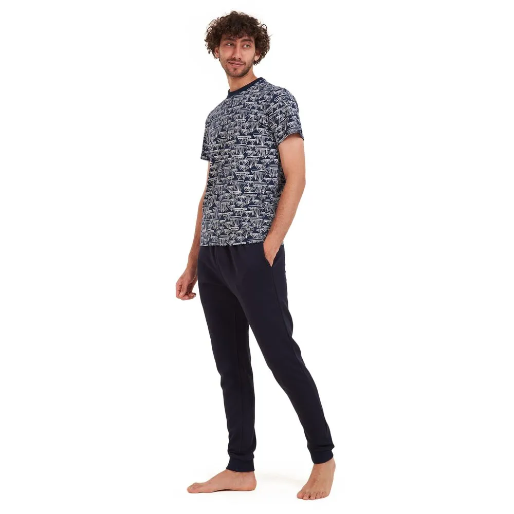 Men summer pajama set Boats T-shirt  Dark blue pants