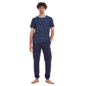 Men summer pajama set Dark Blue Leaves T-shirt   Navy pants