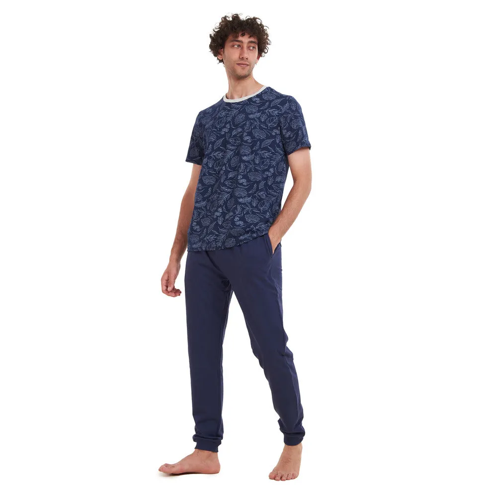 Men summer pajama set Dark Blue Leaves T-shirt   Navy pants