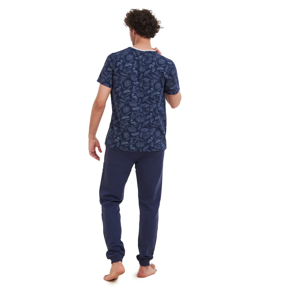 Men summer pajama set Dark Blue Leaves T-shirt   Navy pants