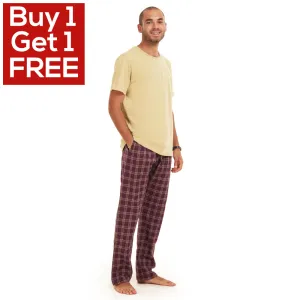 Men summer pajama set  khaki T-shirt   Maroon Checkered Pants