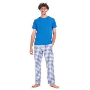 Men summer pajama set Royal Blue T-shirt   Blue x White Checkered pants