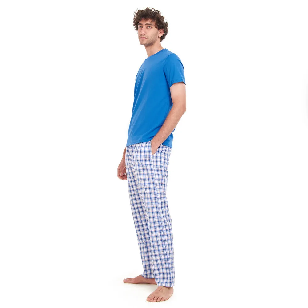 Men summer pajama set Royal Blue T-shirt   Blue x White Checkered pants