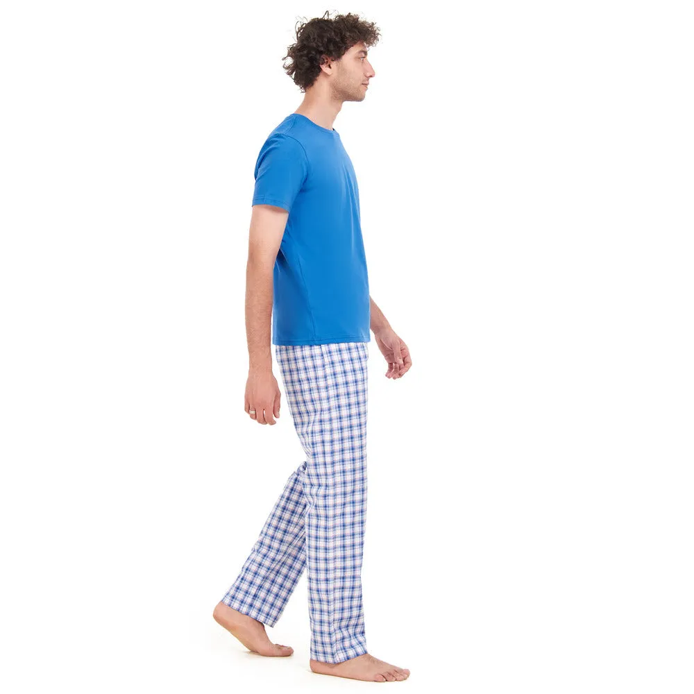 Men summer pajama set Royal Blue T-shirt   Blue x White Checkered pants