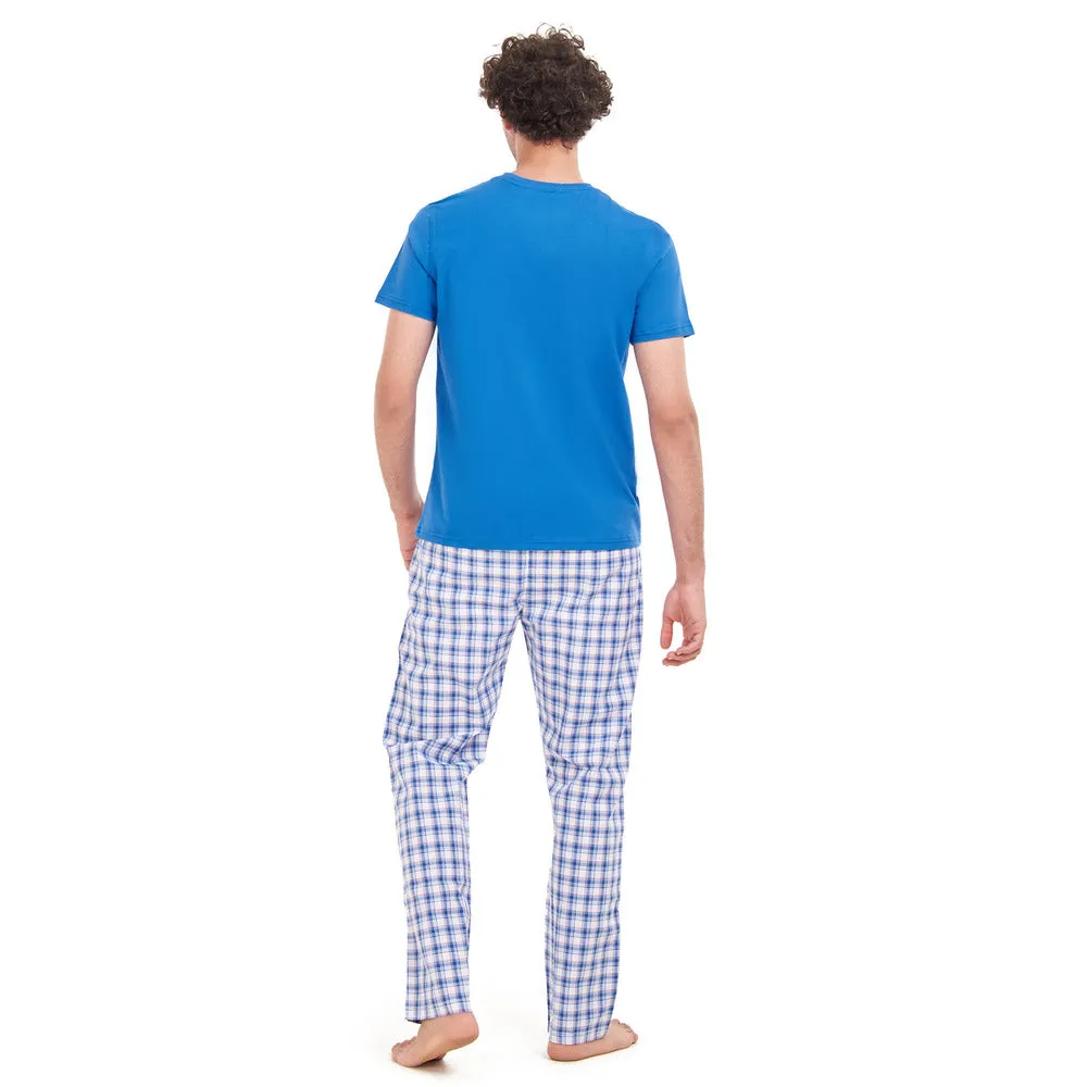 Men summer pajama set Royal Blue T-shirt   Blue x White Checkered pants