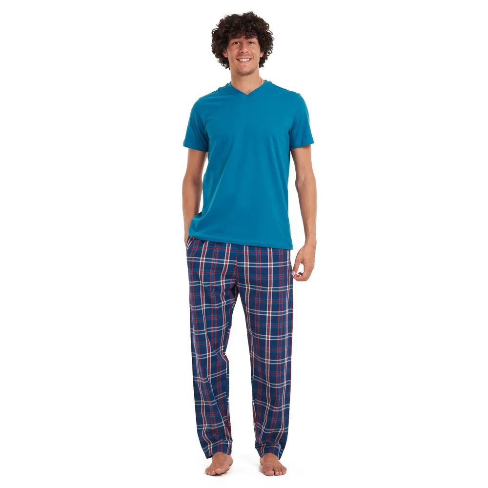 Men summer pajama set Teal T-shirt   Dark blue × Red checkered pants