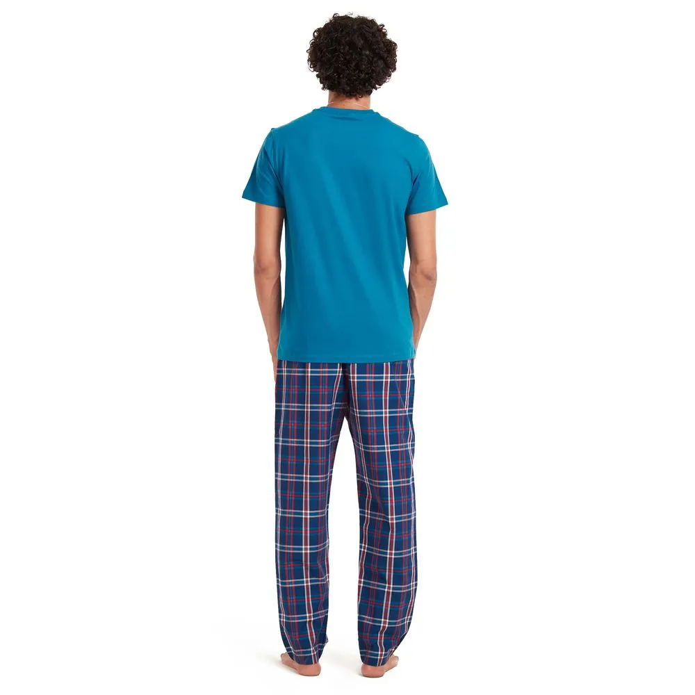 Men summer pajama set Teal T-shirt   Dark blue × Red checkered pants