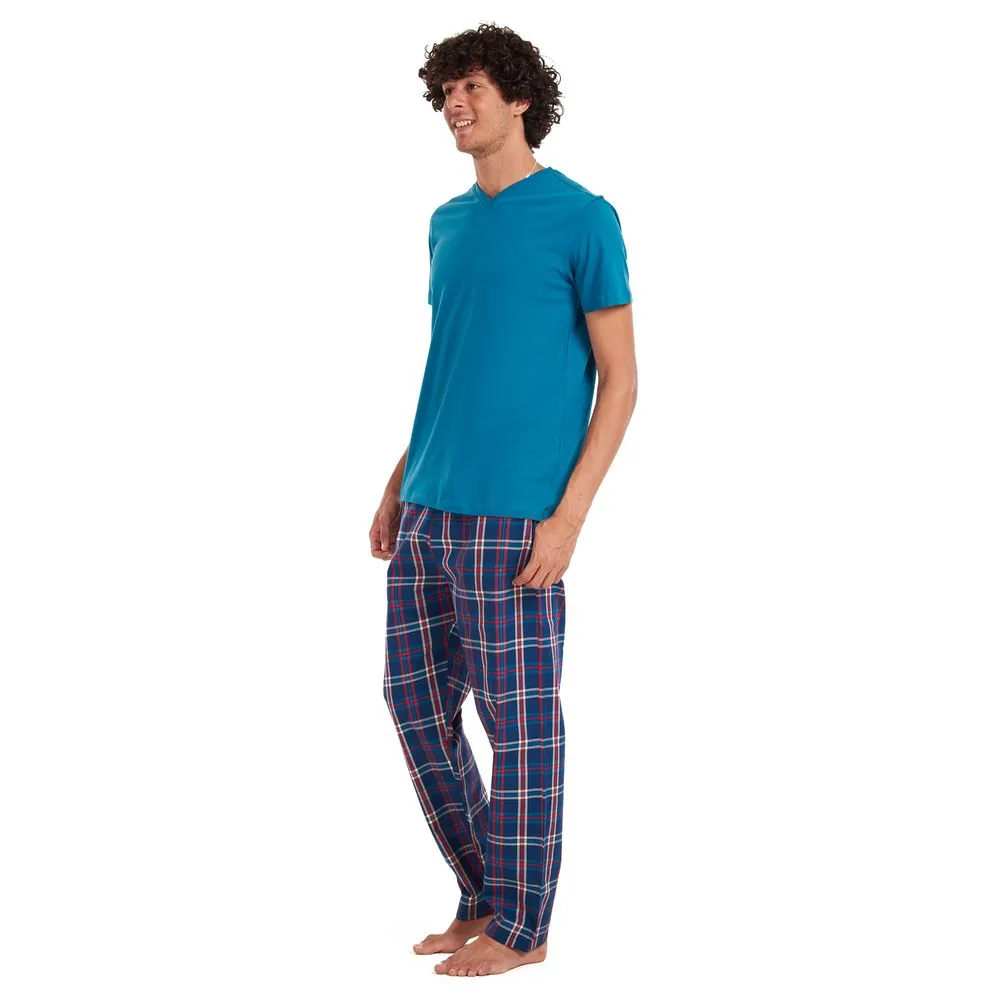 Men summer pajama set Teal T-shirt   Dark blue × Red checkered pants