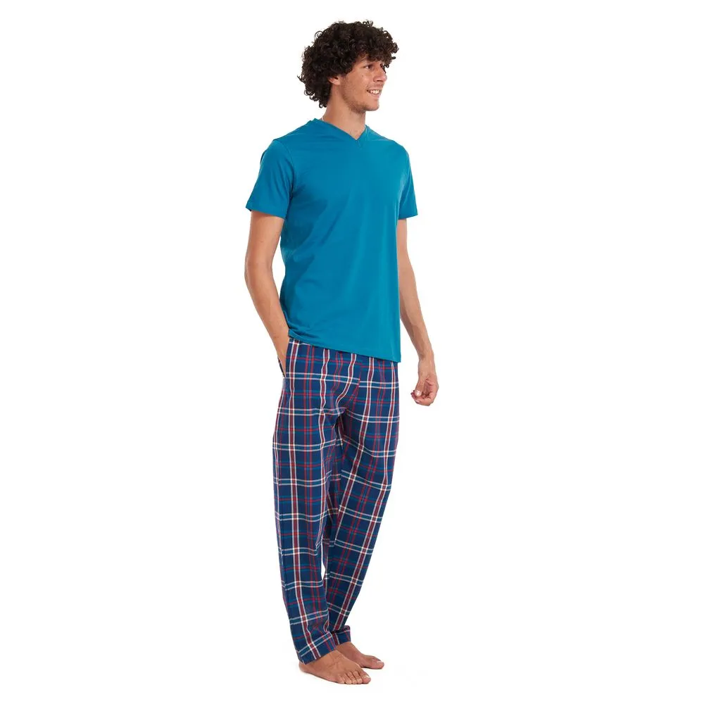 Men summer pajama set Teal T-shirt   Dark blue × Red checkered pants