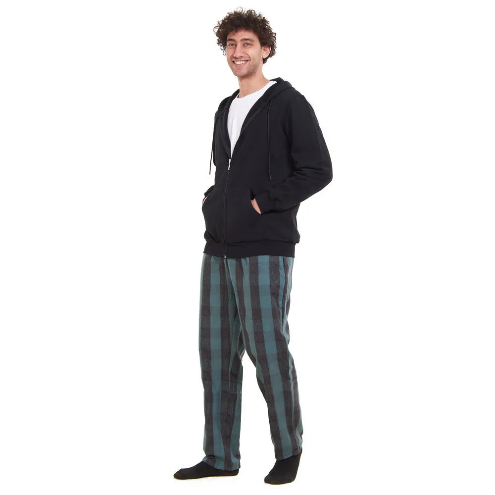 Men Winter Pajama 3 PCS Set Black Sweatshirt  Off-white t-shirt   Black x Dark Green Checkered Pants