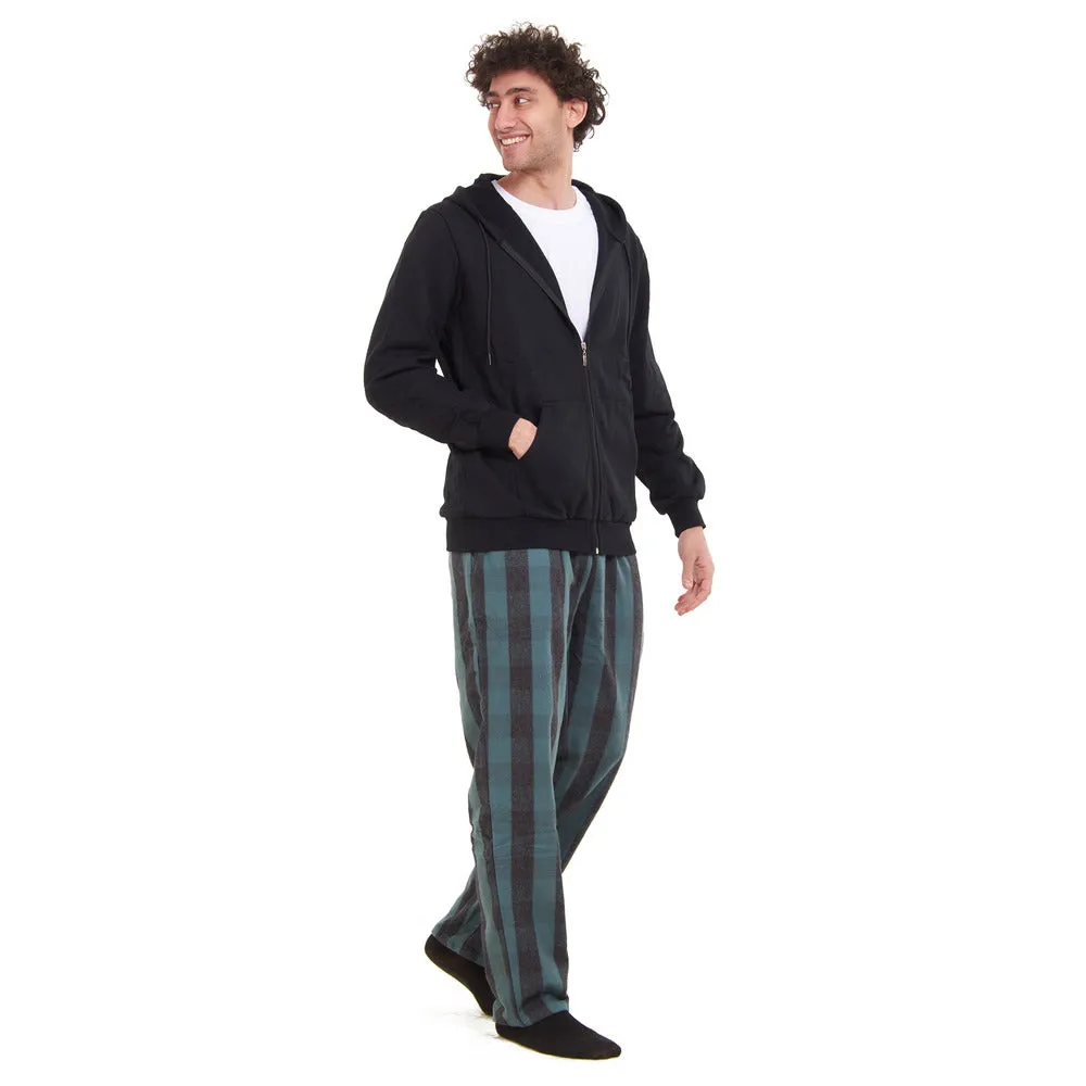 Men Winter Pajama 3 PCS Set Black Sweatshirt  Off-white t-shirt   Black x Dark Green Checkered Pants