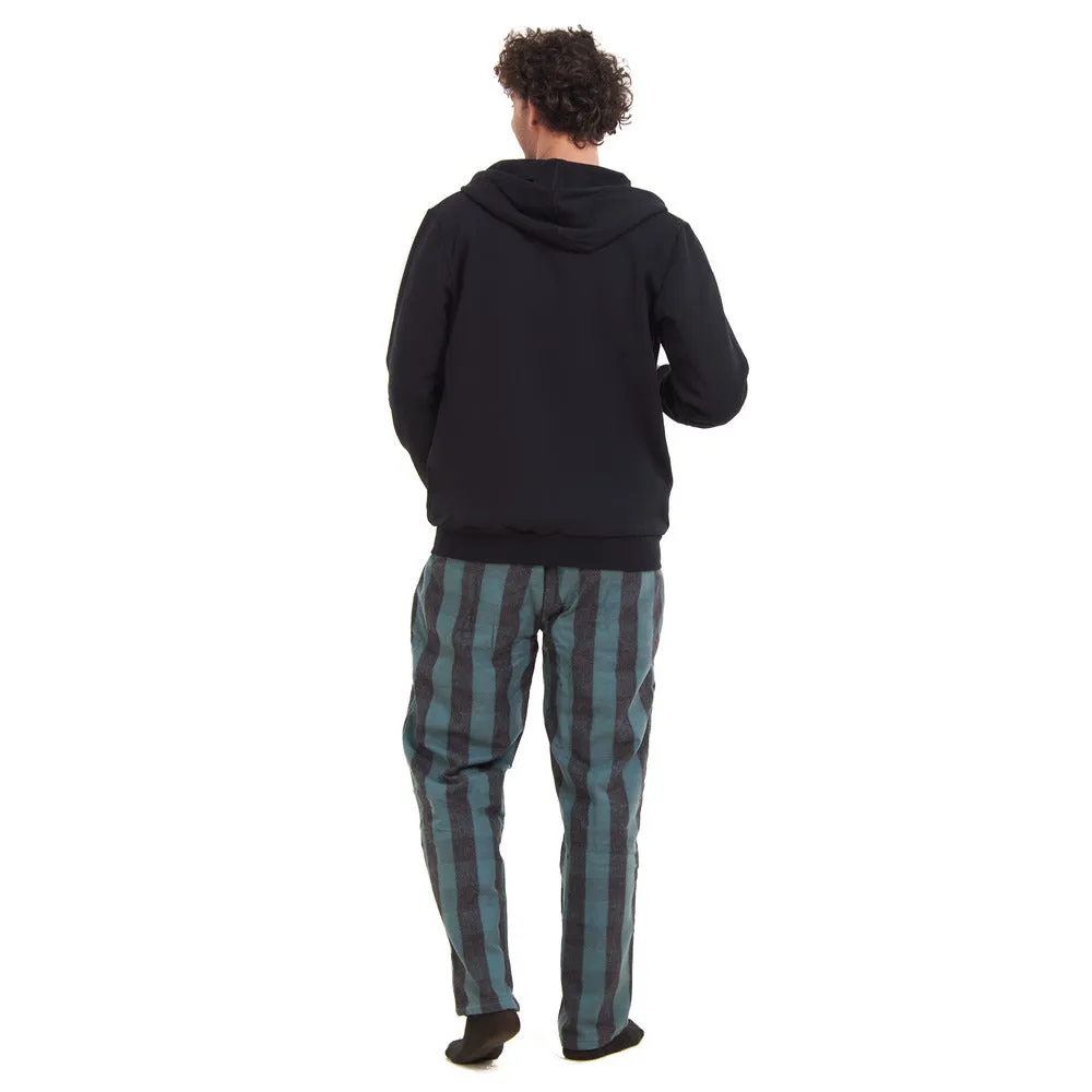 Men Winter Pajama 3 PCS Set Black Sweatshirt  Off-white t-shirt   Black x Dark Green Checkered Pants