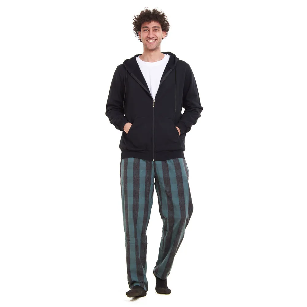 Men Winter Pajama 3 PCS Set Black Sweatshirt  Off-white t-shirt   Black x Dark Green Checkered Pants