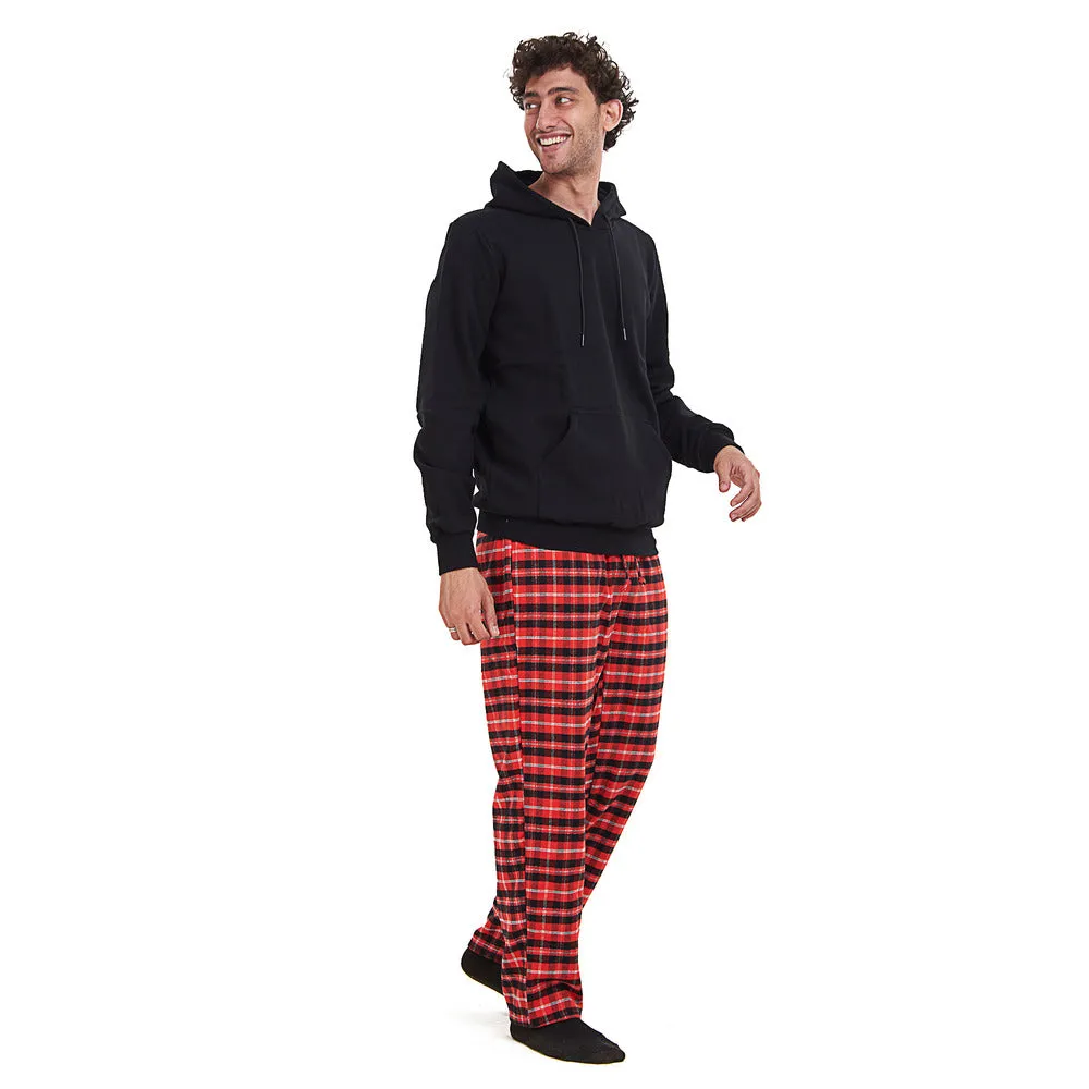 Men Winter Pajama Set Black Hoodie   Red x Black Checkered Pants