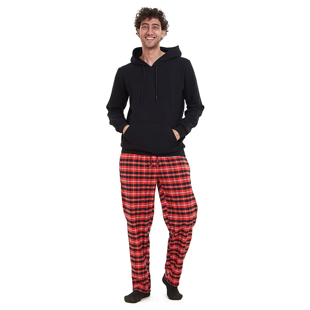 Men Winter Pajama Set Black Hoodie   Red x Black Checkered Pants