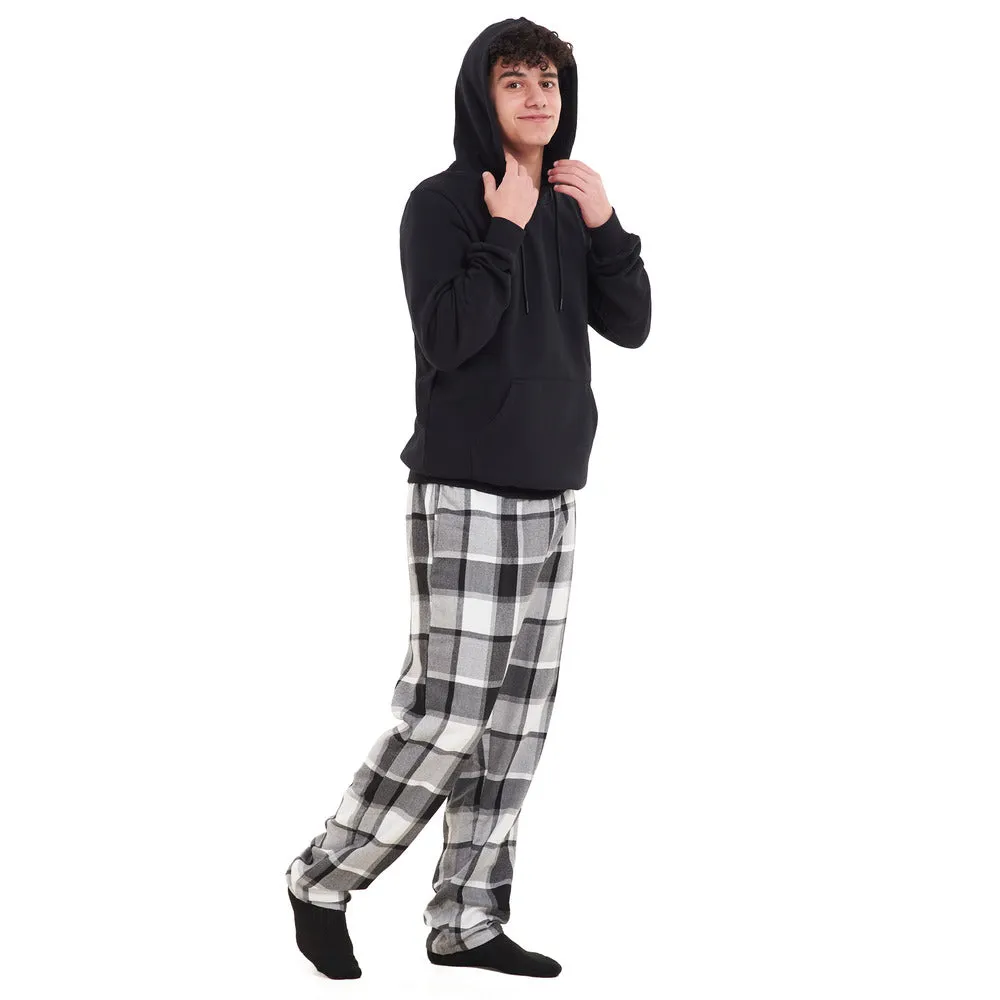 Men Winter Pajama Set Black Hoodie   White x Black Checkered Pants