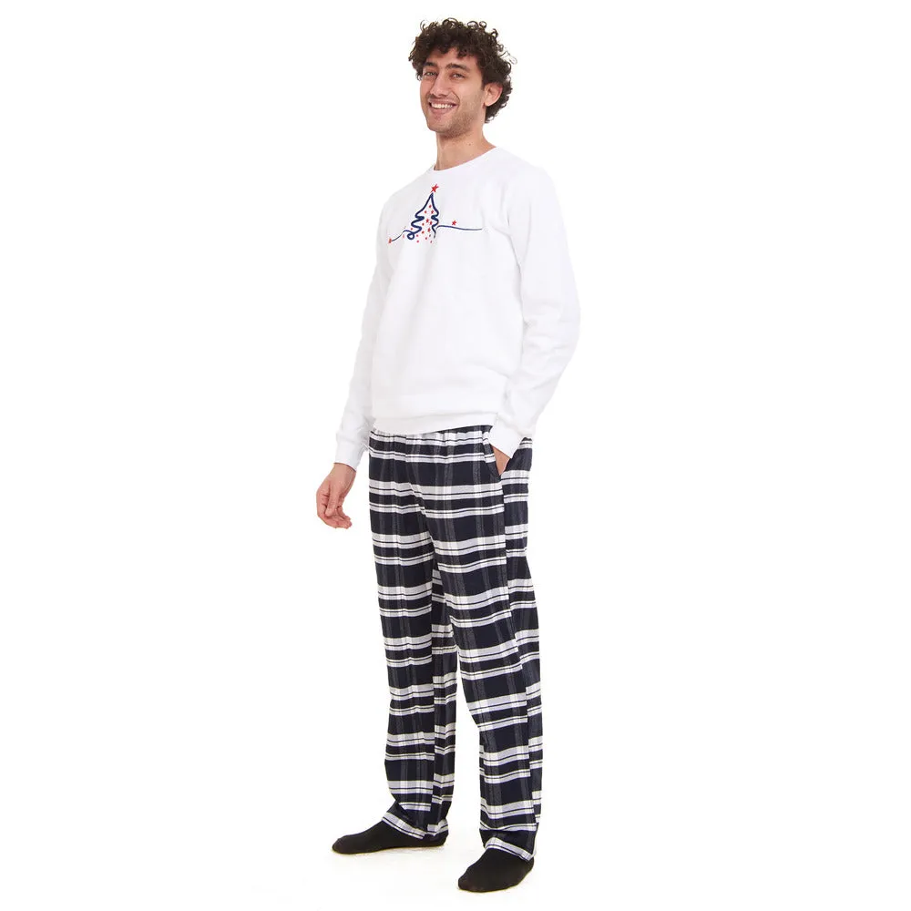 Men Winter Pajama Set Christmas Tree Sweatshirt  Dark Blue X White Checkered Pants