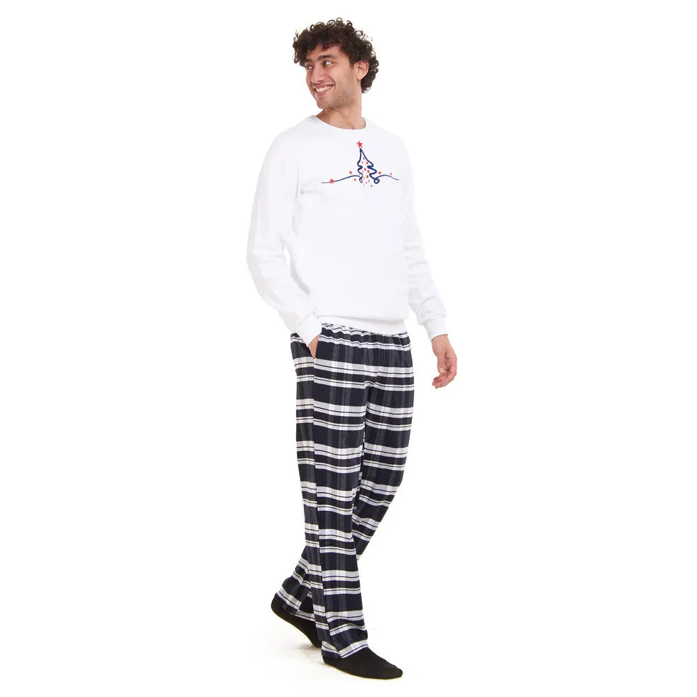 Men Winter Pajama Set Christmas Tree Sweatshirt  Dark Blue X White Checkered Pants