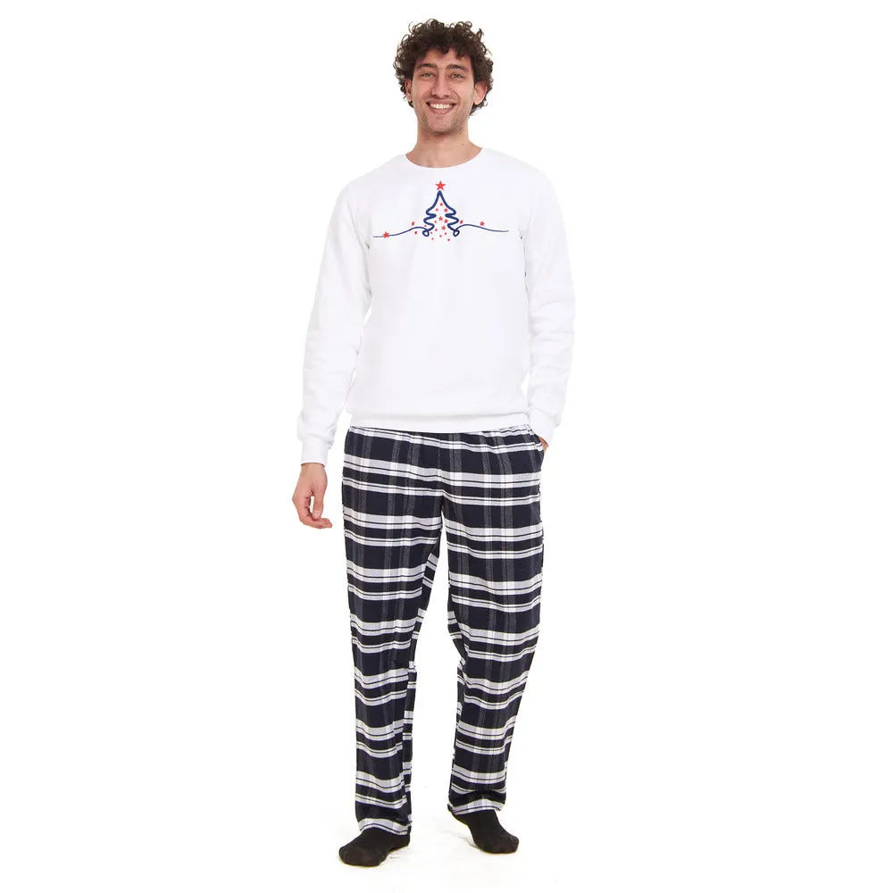 Men Winter Pajama Set Christmas Tree Sweatshirt  Dark Blue X White Checkered Pants