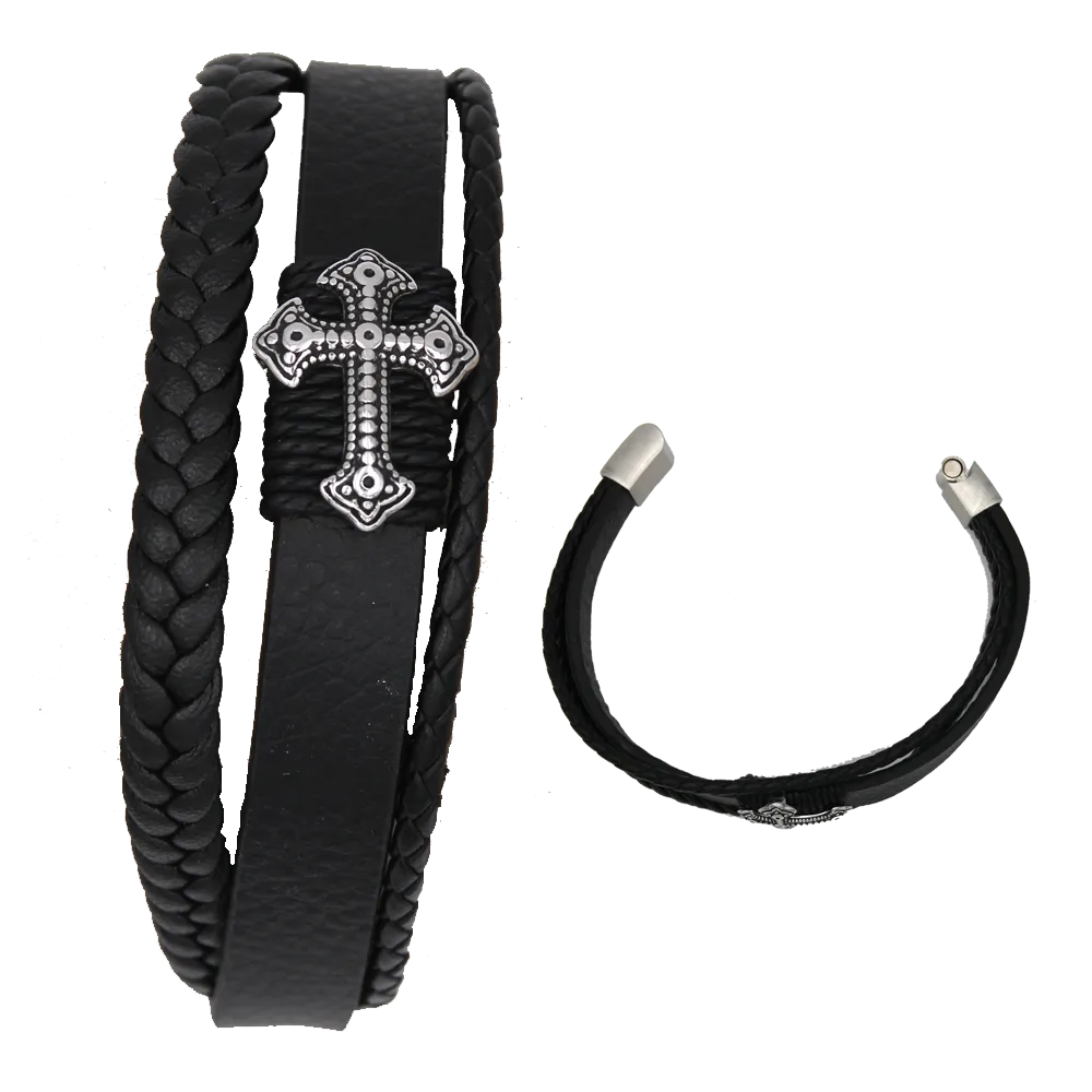 Men's Genuine Leather Bracelet with Cross.