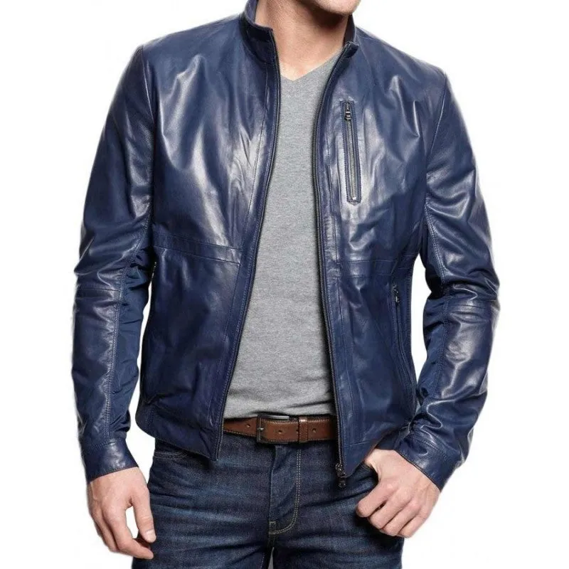 Men's Navy Blue Stylish Leather Jacket