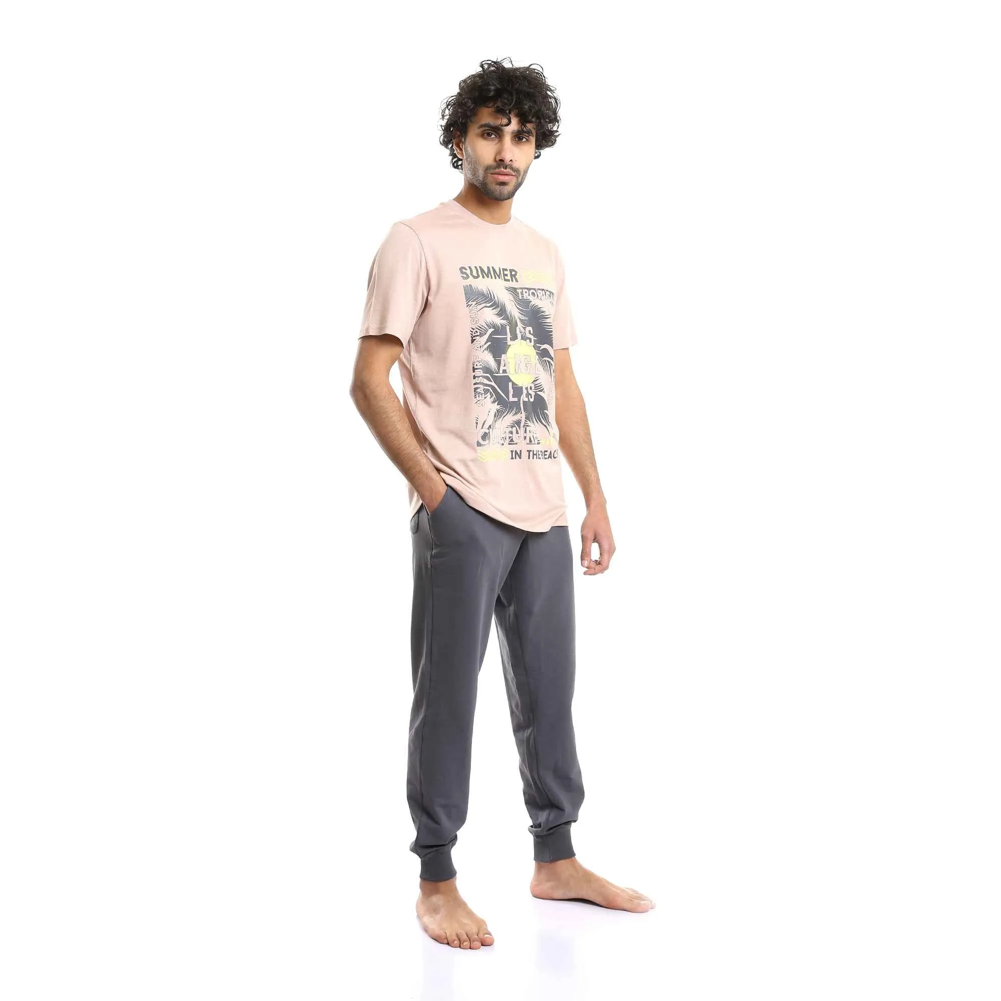 Men's Printed Round Neck Tee & Solid Pants Pajama Set - Pastel Cashmere & Grey