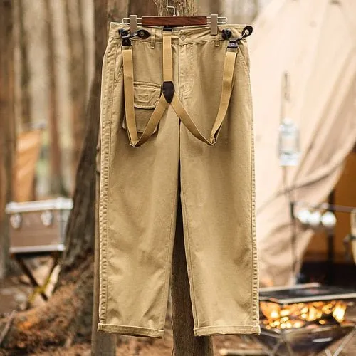 Mens Suspender Pants Loose Straight Multi-pockets Khaki Overalls