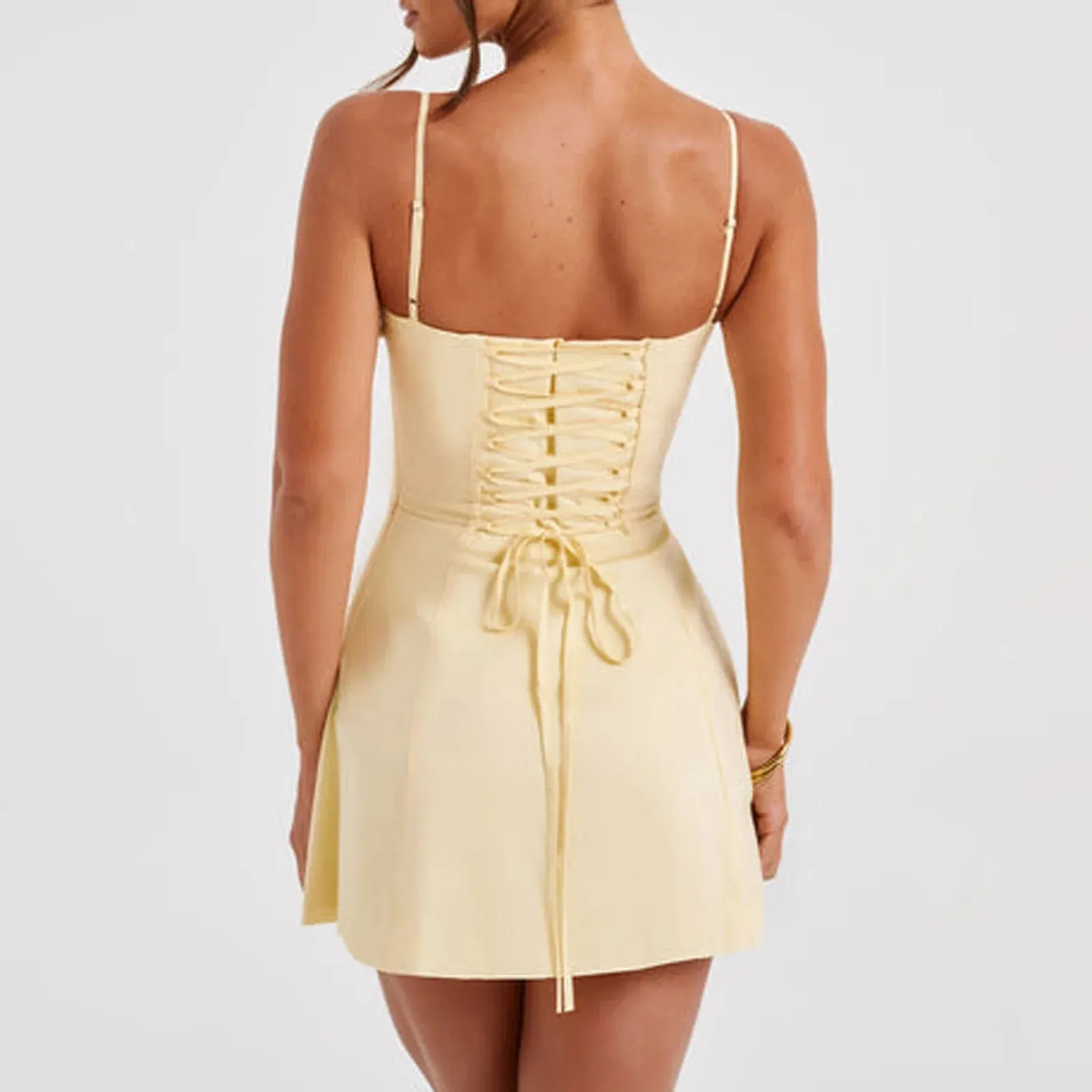 Mini V Neck Sleeveless Backless Tie Up A-line Spaghetti Straps Sweety Summer Sexy Dress