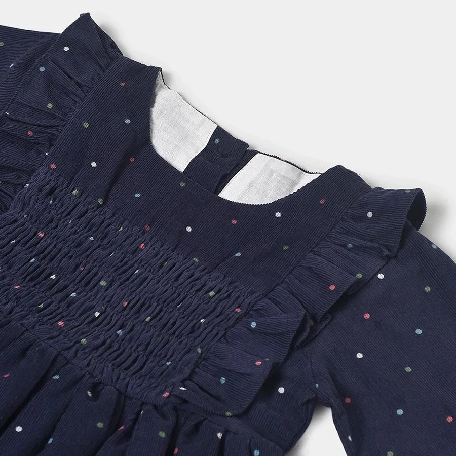 Misty Navy Corduroy Full Sleev Dress for Girls