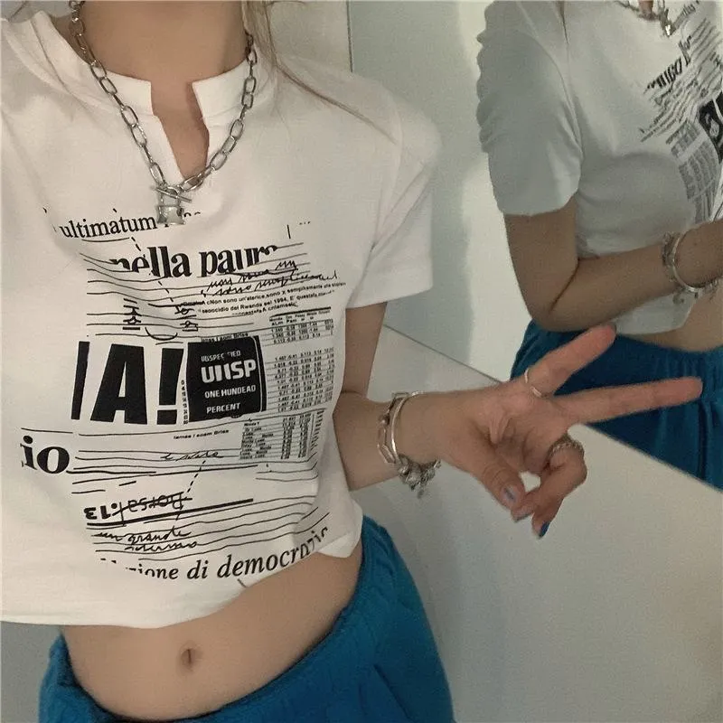 Navel-Baring Cropped V-Neck Slim-Fit Short Sleeve Tee