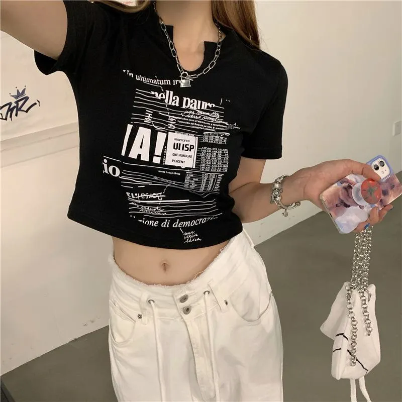 Navel-Baring Cropped V-Neck Slim-Fit Short Sleeve Tee